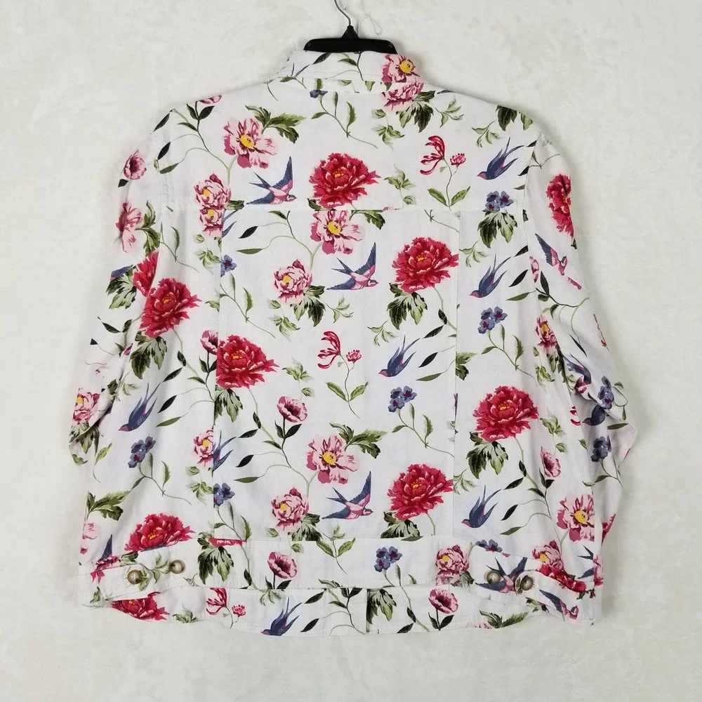 Tahari Jacket Womens 3X White Floral Bird Print Linen Blend Button Front 92s
